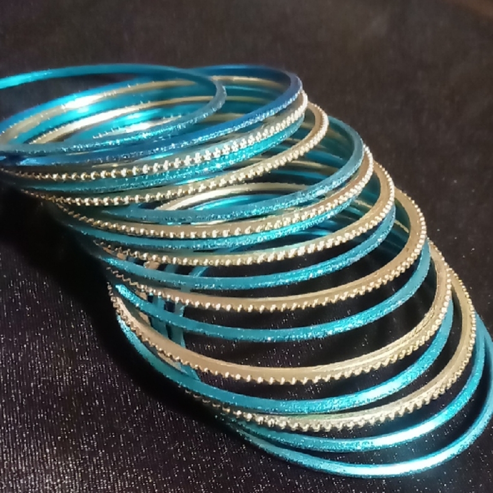 Girls childs Small 2.25 across  Blue and Gold Bangle bracelet Set 20 bangles